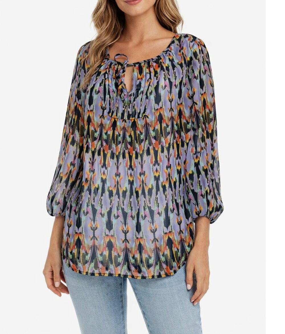Express Sheer Geometric Print Top Blouse Size Small 3/4 Sleeve EUC